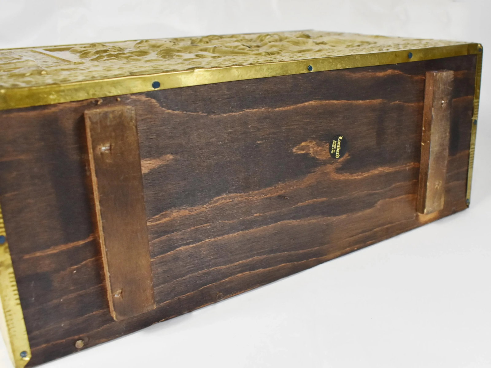 Vintage England Scene Embossed Brass and Wood Magazine Holder Rack by Lambard - 8
