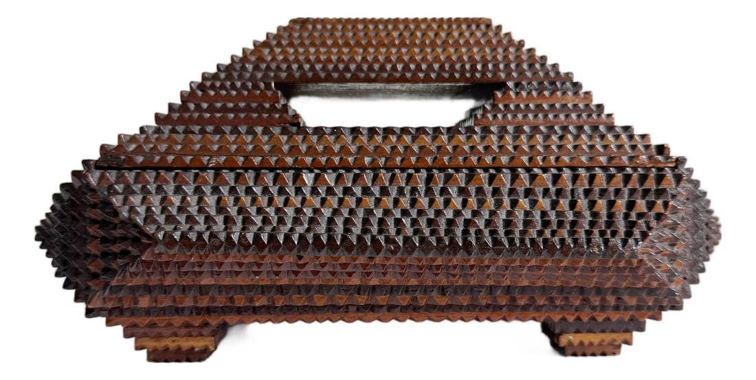 Antique Tramp Art Pyramid Footed Box, Early 20th Century: Exceptional tramp art box with dramatic pyramid shape atop four tapered feet. Handmade in the early 1900s using recycled Cuban cigar boxes (includes stunning label on underside of lid). Each wood
