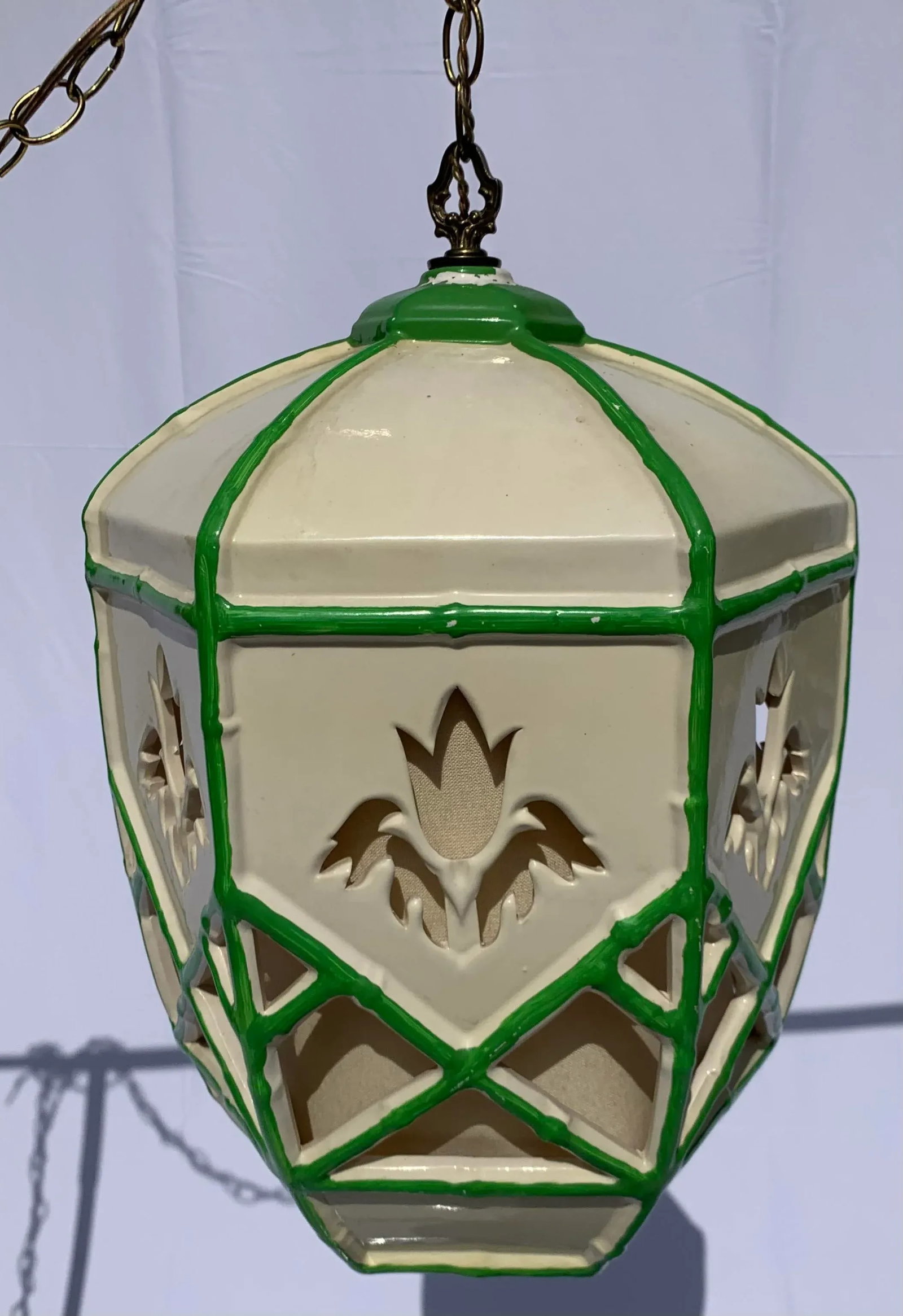 Mid 20th Century Mid-Century Green and White Ceramic Hanging Swag Lamp - 2