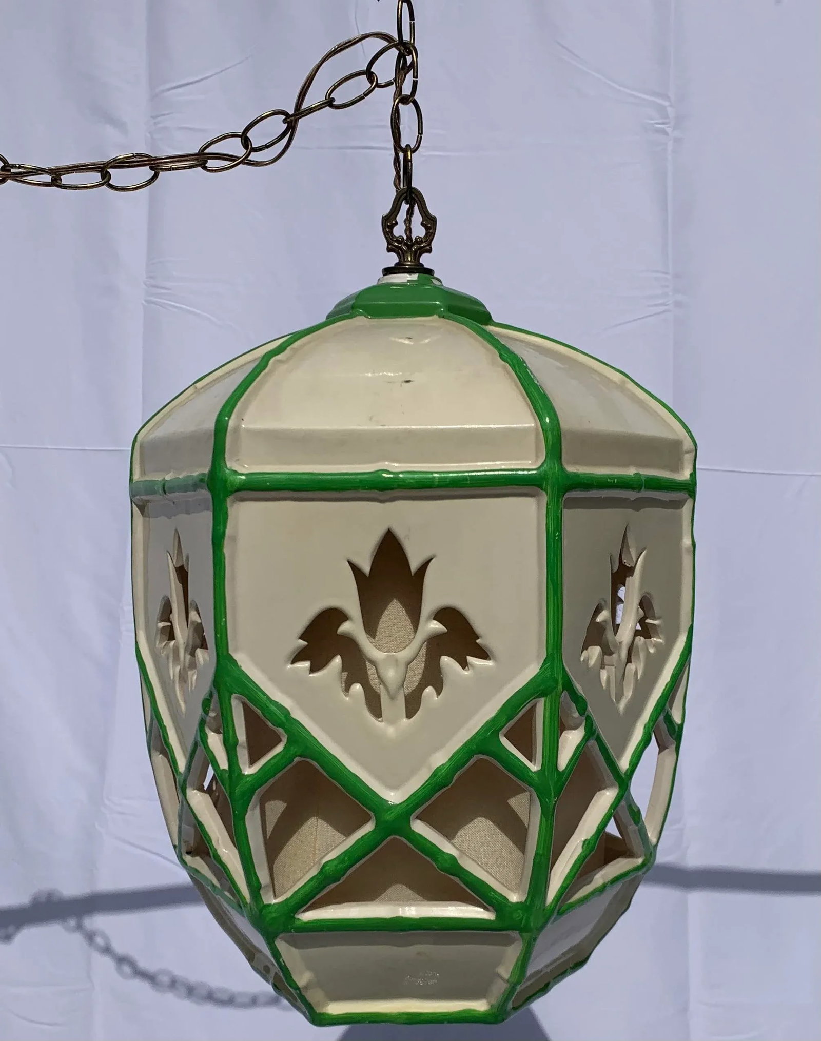 Mid 20th Century Mid-Century Green and White Ceramic Hanging Swag Lamp - 3