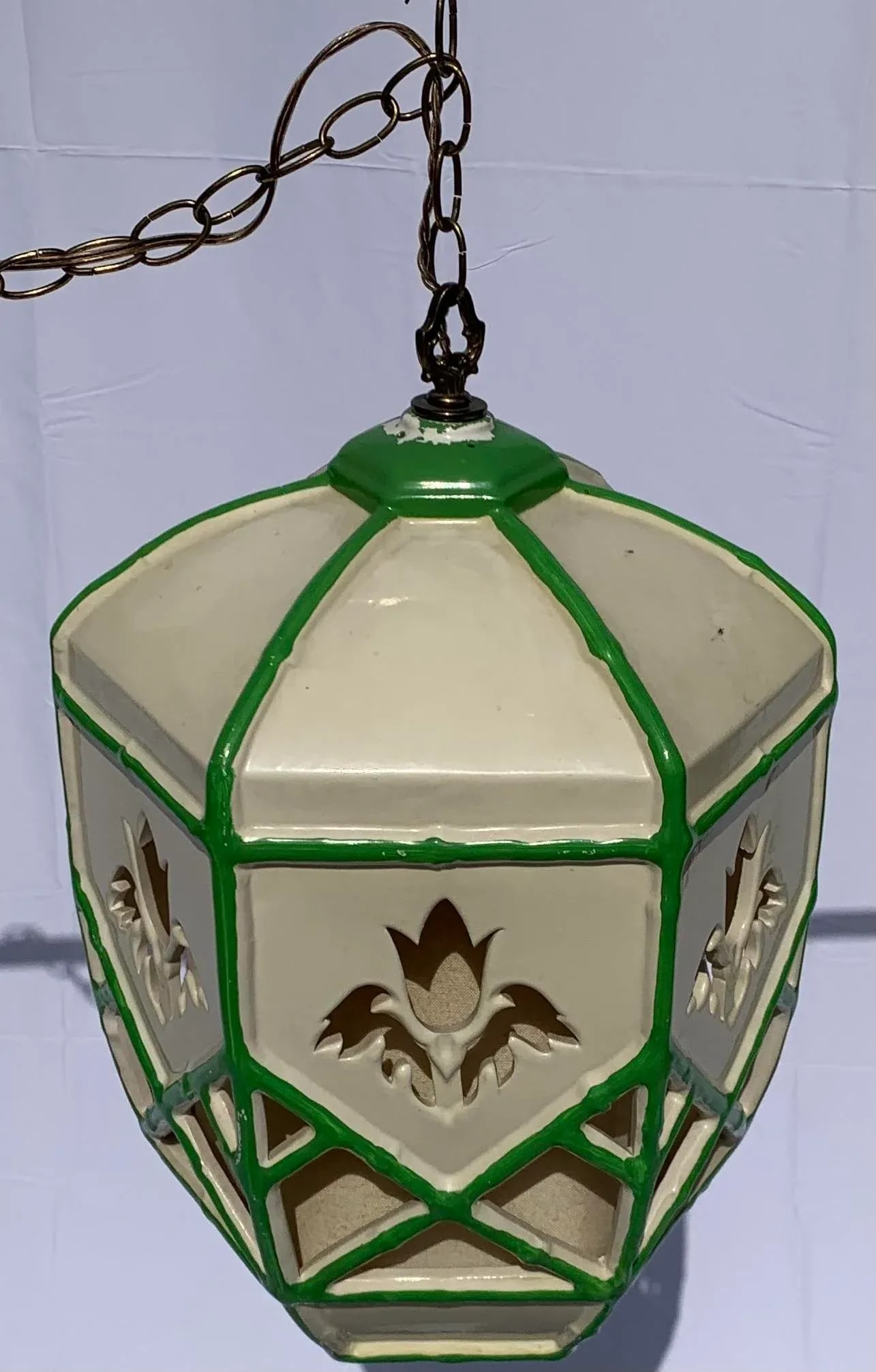 Mid 20th Century Mid-Century Green and White Ceramic Hanging Swag Lamp - 4