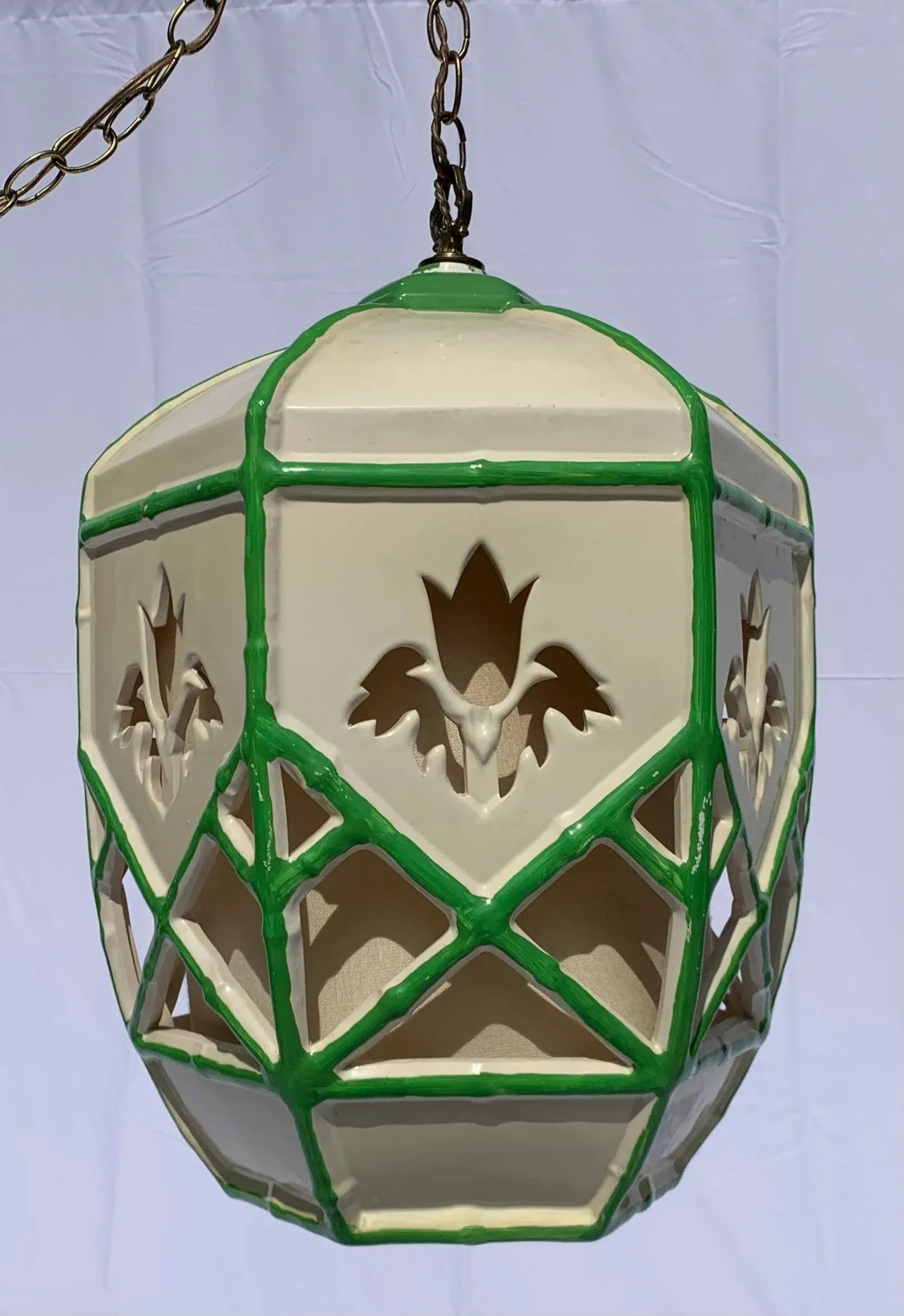 Mid 20th Century Mid-Century Green and White Ceramic Hanging Swag Lamp - 5
