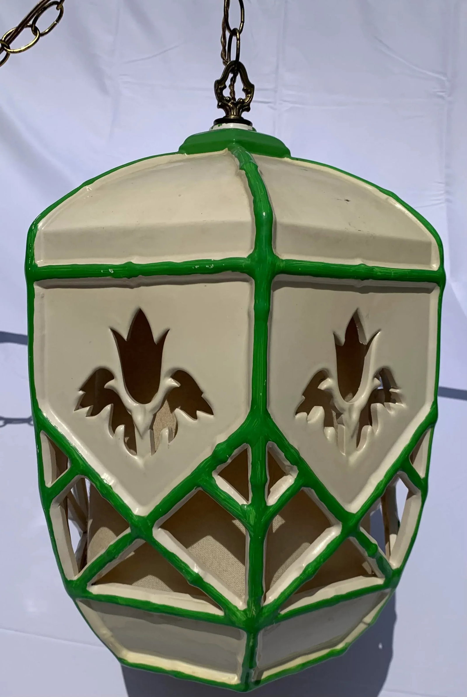 Mid 20th Century Mid-Century Green and White Ceramic Hanging Swag Lamp - 6