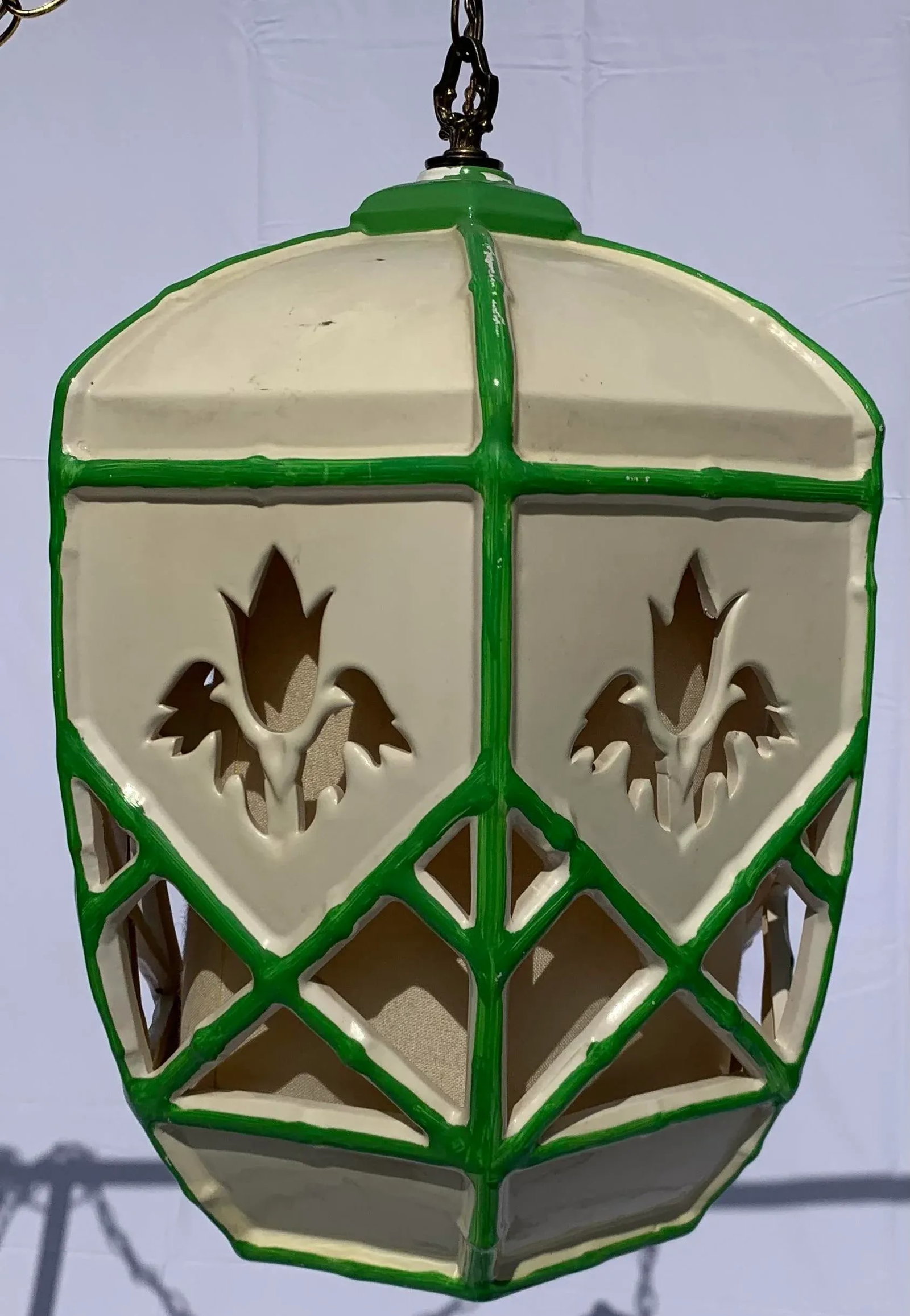 Mid 20th Century Mid-Century Green and White Ceramic Hanging Swag Lamp - 7