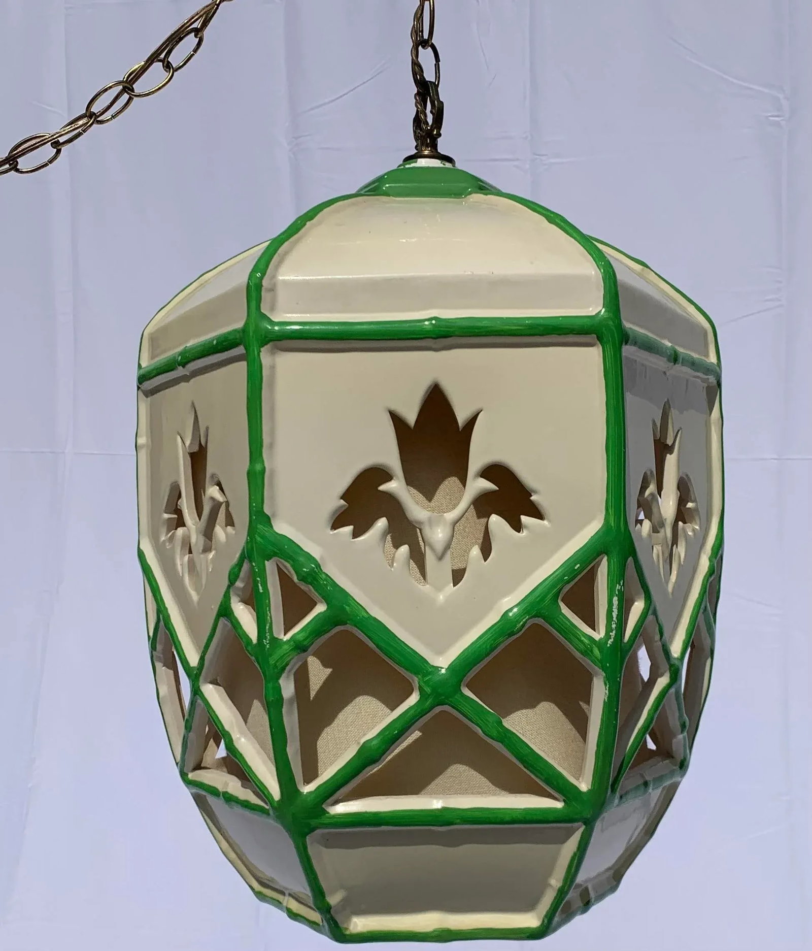 Mid 20th Century Mid-Century Green and White Ceramic Hanging Swag Lamp - 8