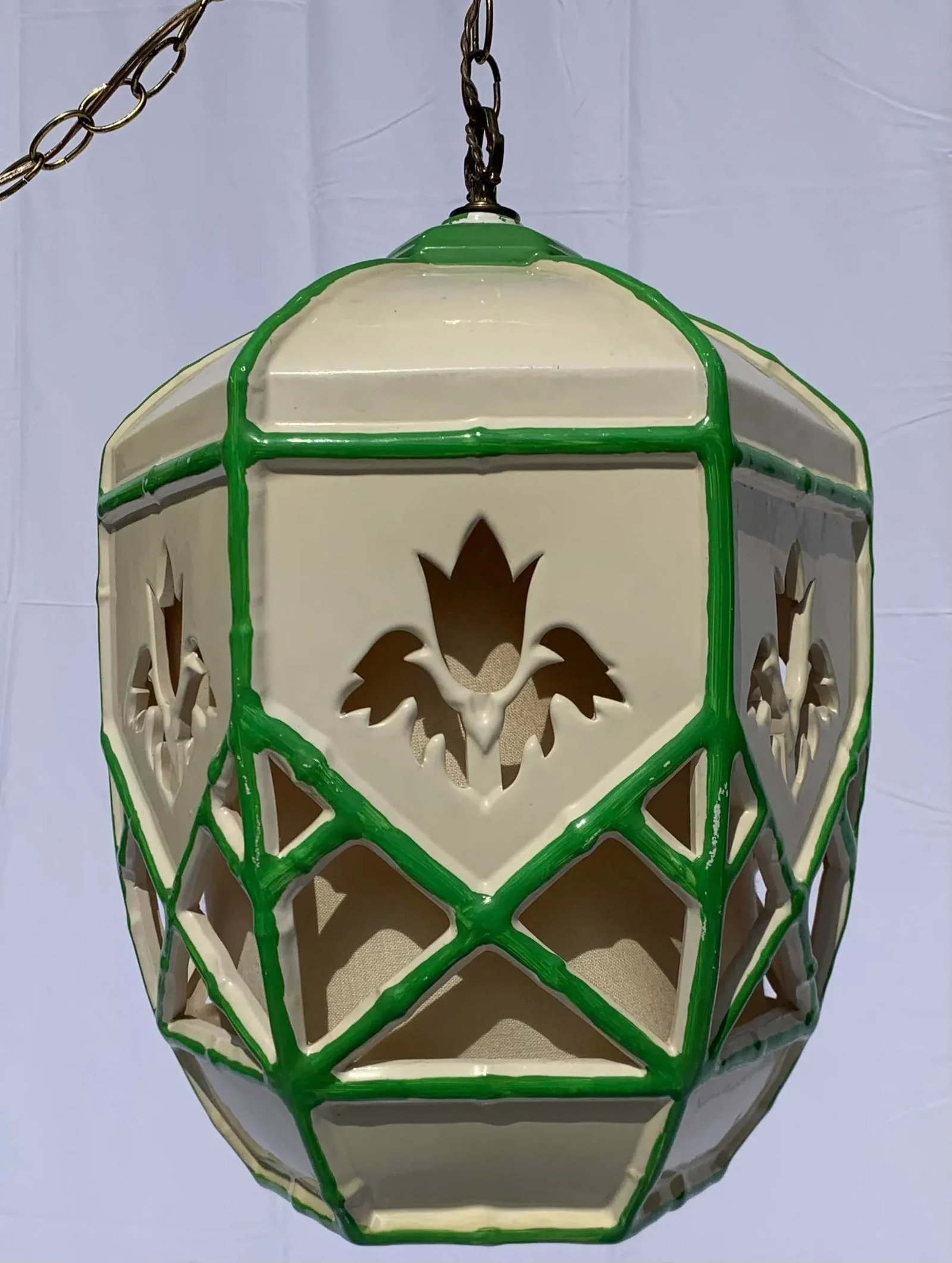 Mid 20th Century Mid-Century Green and White Ceramic Hanging Swag Lamp - 9
