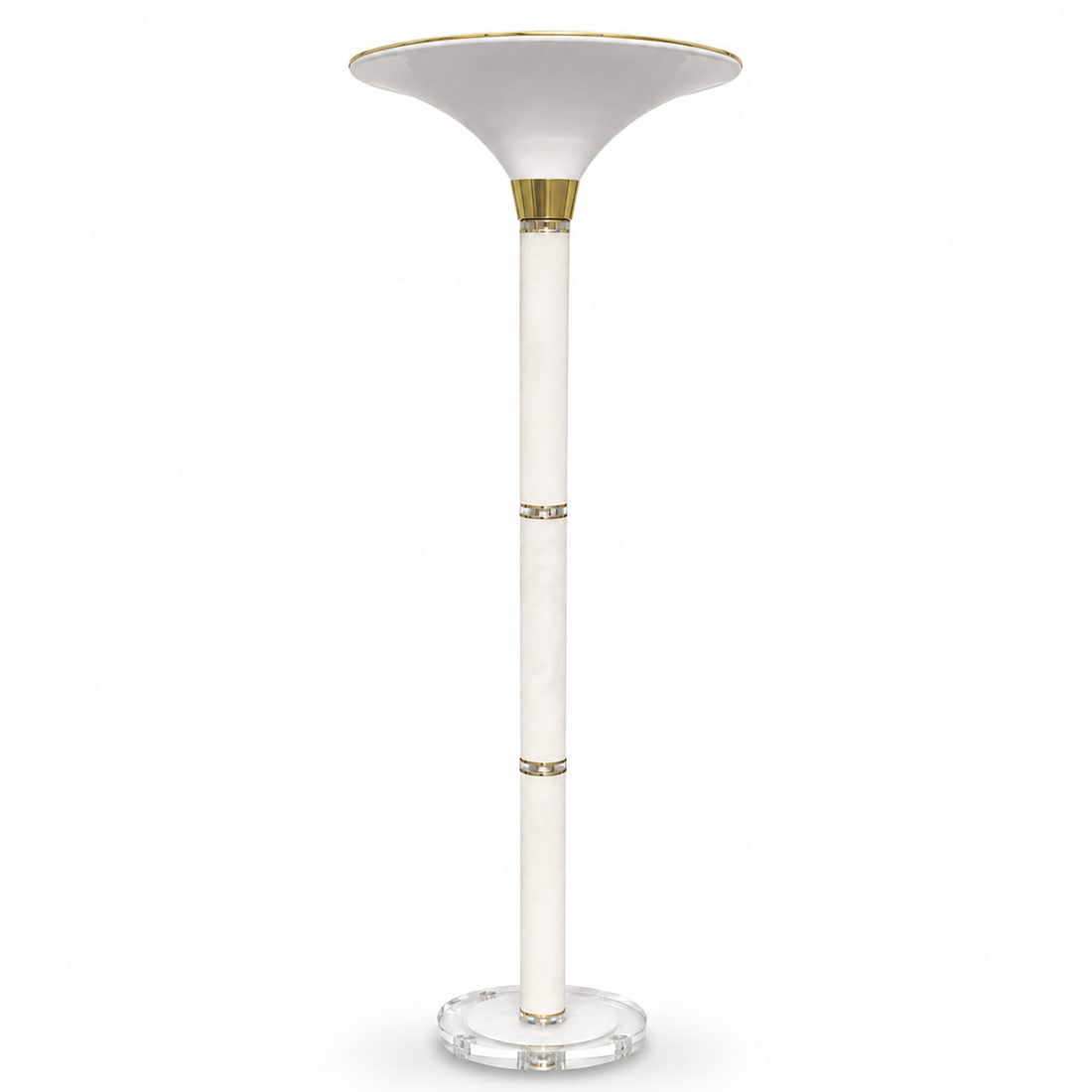 Frosted Lucite Torchiere Floor Lamp: Rare mid century modern frosted lucite torchiere floor lamp with accents of clear lucite and brass. White plastic shade makes a pretty glow in your room. Lamp is in excellent condition. 65h 21.5 w/d