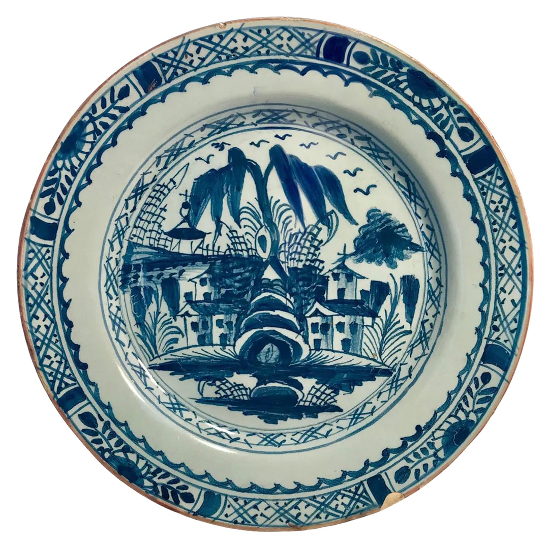 English Lambeth Delft Plate in Shades of Blue by Abigail Griffith - 18th Century: A rare 9" Lambeth Delft plate: "An English Delftware tin-glazed charger attributed to the Abigail Griffith London Lambeth pothouse. Great decorative blue and white delftware - boldly painted in