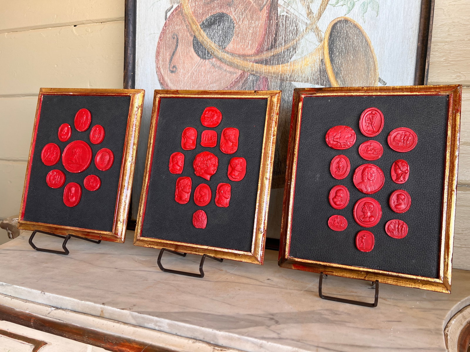 Grand Tour Collection of Gilt Framed Red Plaster Intaglio Casts- Set of 3 - 12