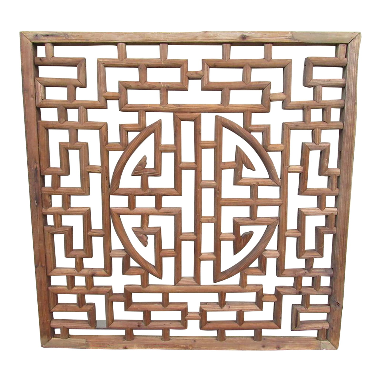 Chinese Geometric Wood Carved Wall Panel: Chinese lattice wood carved wall panel or window screen, c.1930's Made from sections of wood arranged in a geometric pattern. Makes great wall art or a window screen. All sections intact and in good