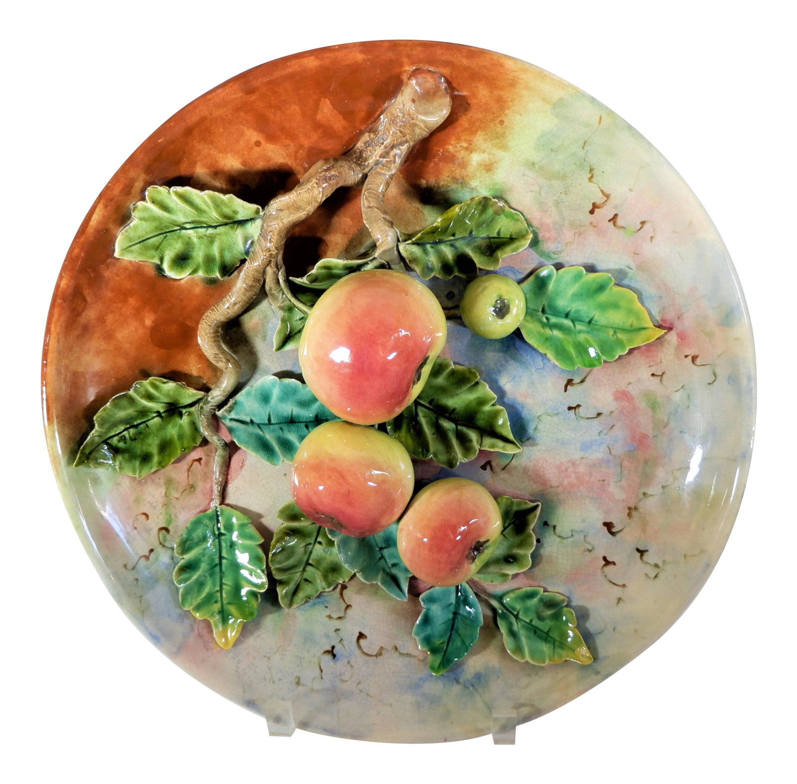 Antique Majolica French Barbotine Palissy Charger/Plate Apples 13": An antique Majolica French Barbotine Palissy fruit plate. Circa 1890. Measures approx. 13" diameter and 3 1/2" thick. Good antique condition, no cracks or chips, some crazing; see photos. BM#460 139