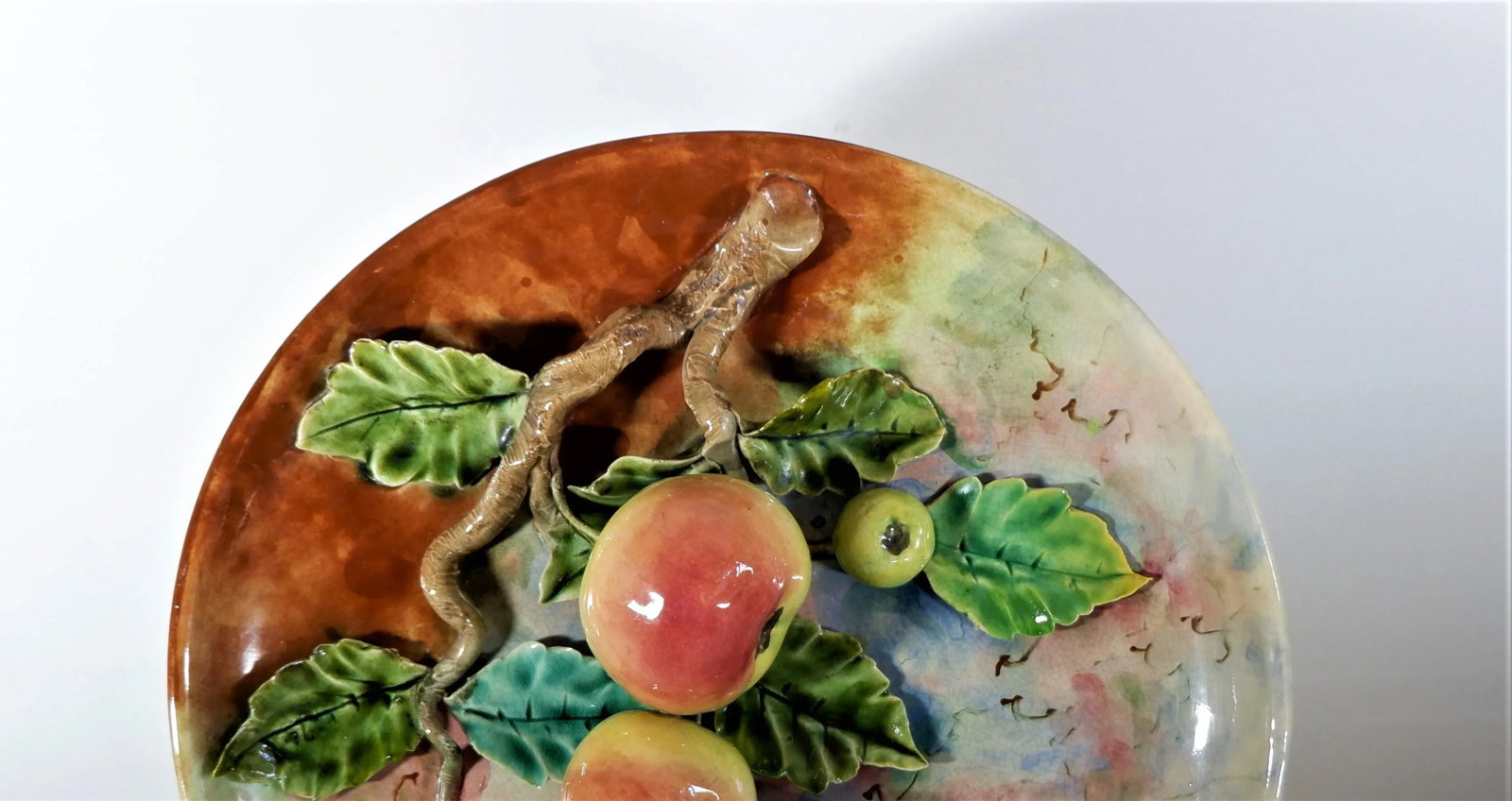 Antique Majolica French Barbotine Palissy Charger/Plate Apples 13" - 2