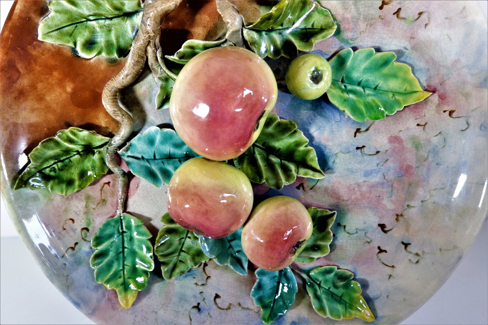 Antique Majolica French Barbotine Palissy Charger/Plate Apples 13" - 3