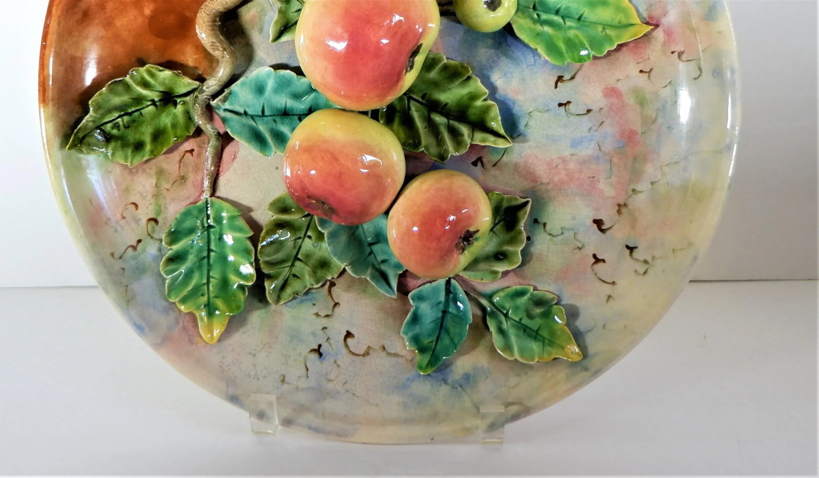Antique Majolica French Barbotine Palissy Charger/Plate Apples 13" - 4