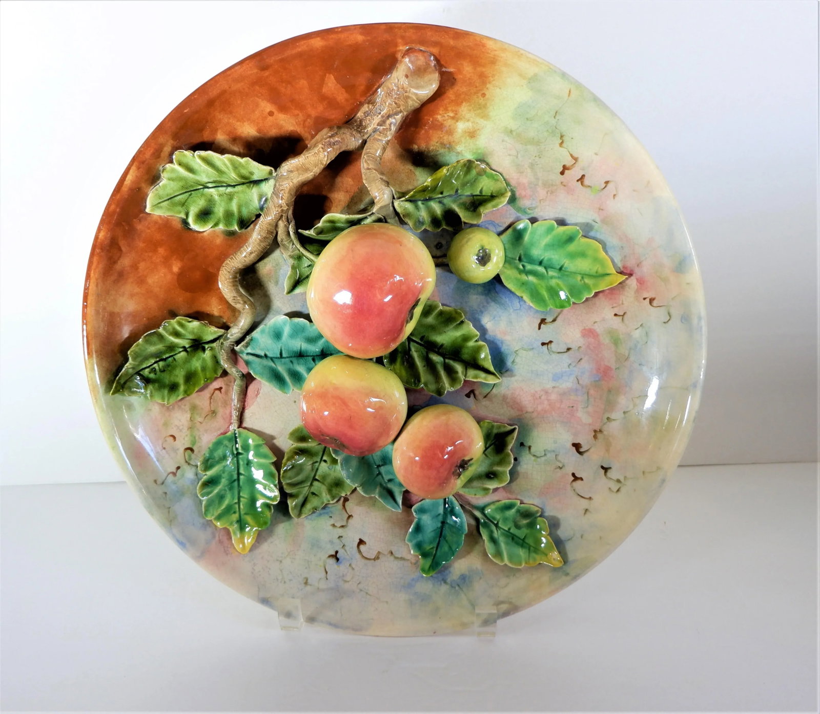 Antique Majolica French Barbotine Palissy Charger/Plate Apples 13" - 8