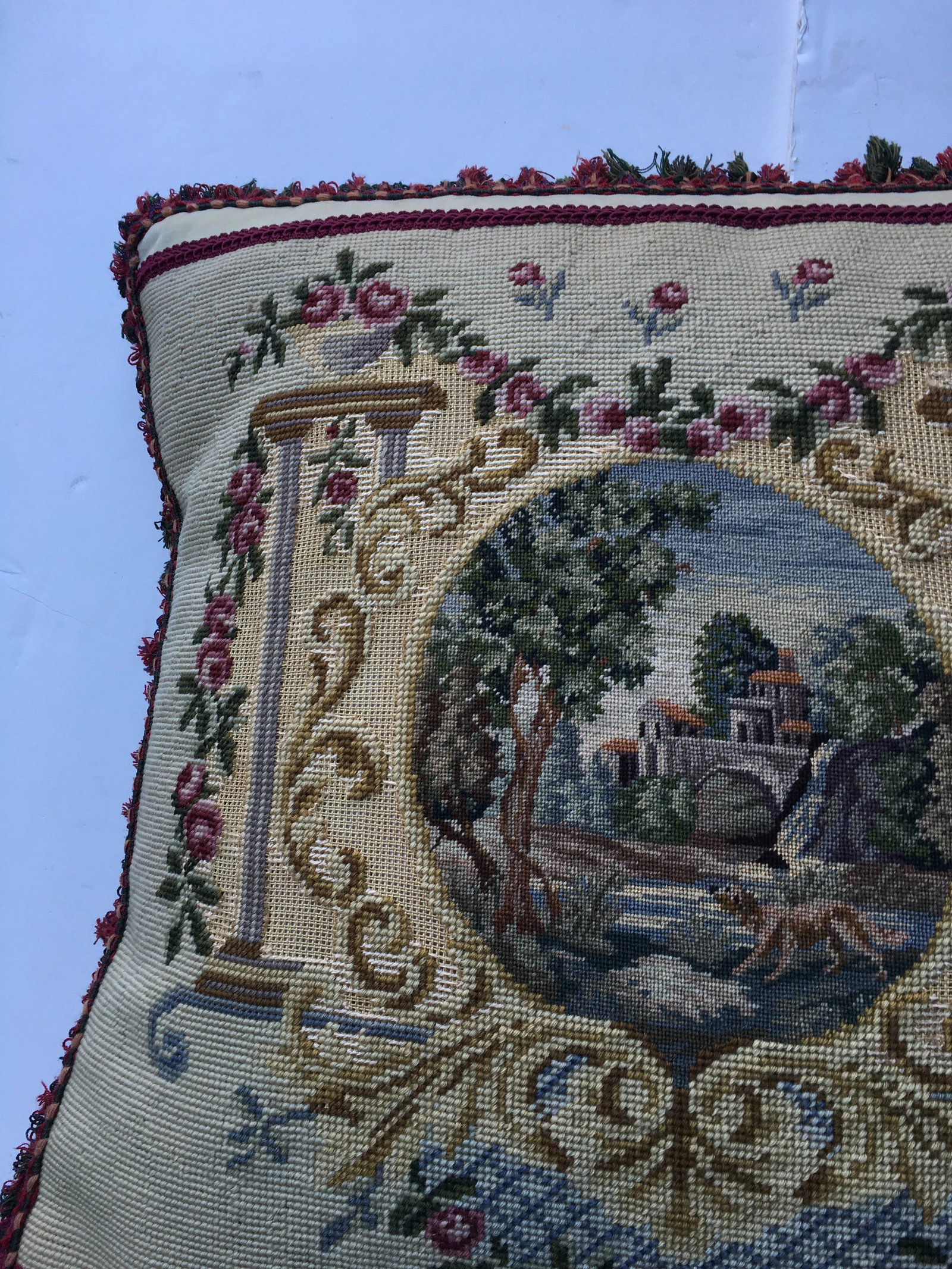 Vintage Scenic Needlepoint Pillow - 4