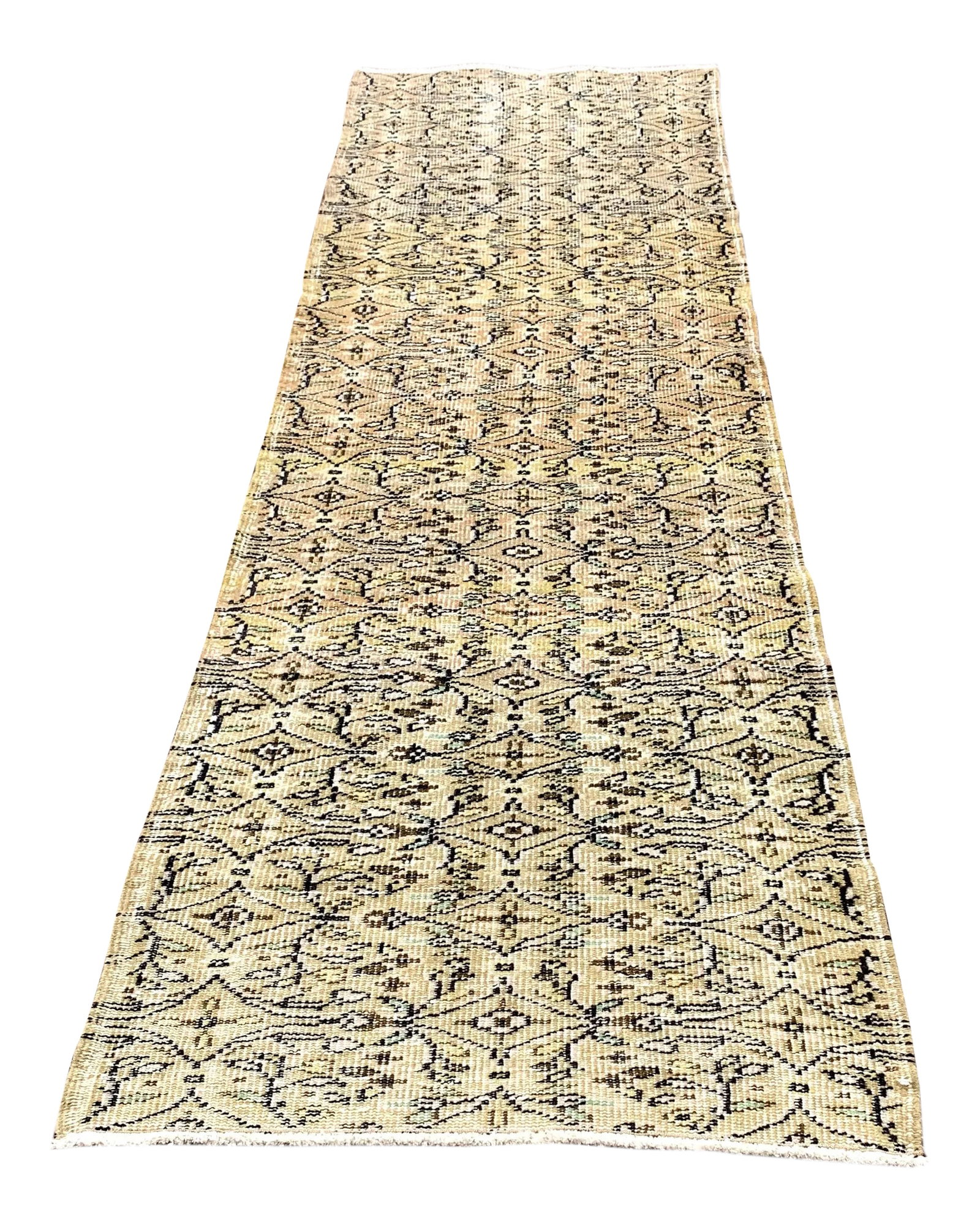 1960s Boho Beige Hand Knotted Runner Rug: Bohemian Style Ethnic Turkish Handmade Wool Vintage Runner Rug 3x10 Ft. Size: 2.8 x 9.5 ft (85 x 290 cm) 34 x 114 inches Color: Beige,Black,Green,White Material: 100% Wool Fast Shipping: Delivery in