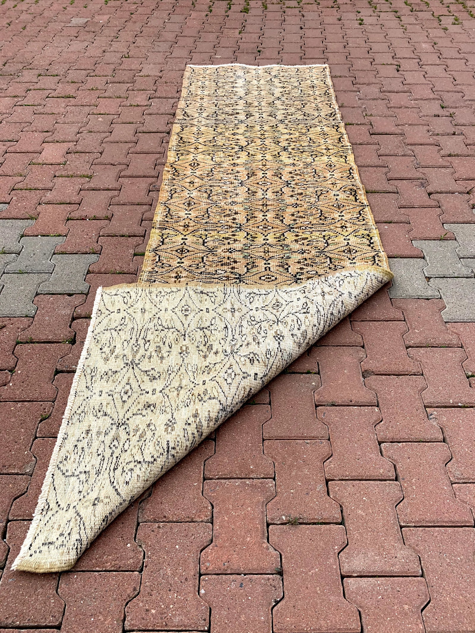 1960s Boho Beige Hand Knotted Runner Rug - 6