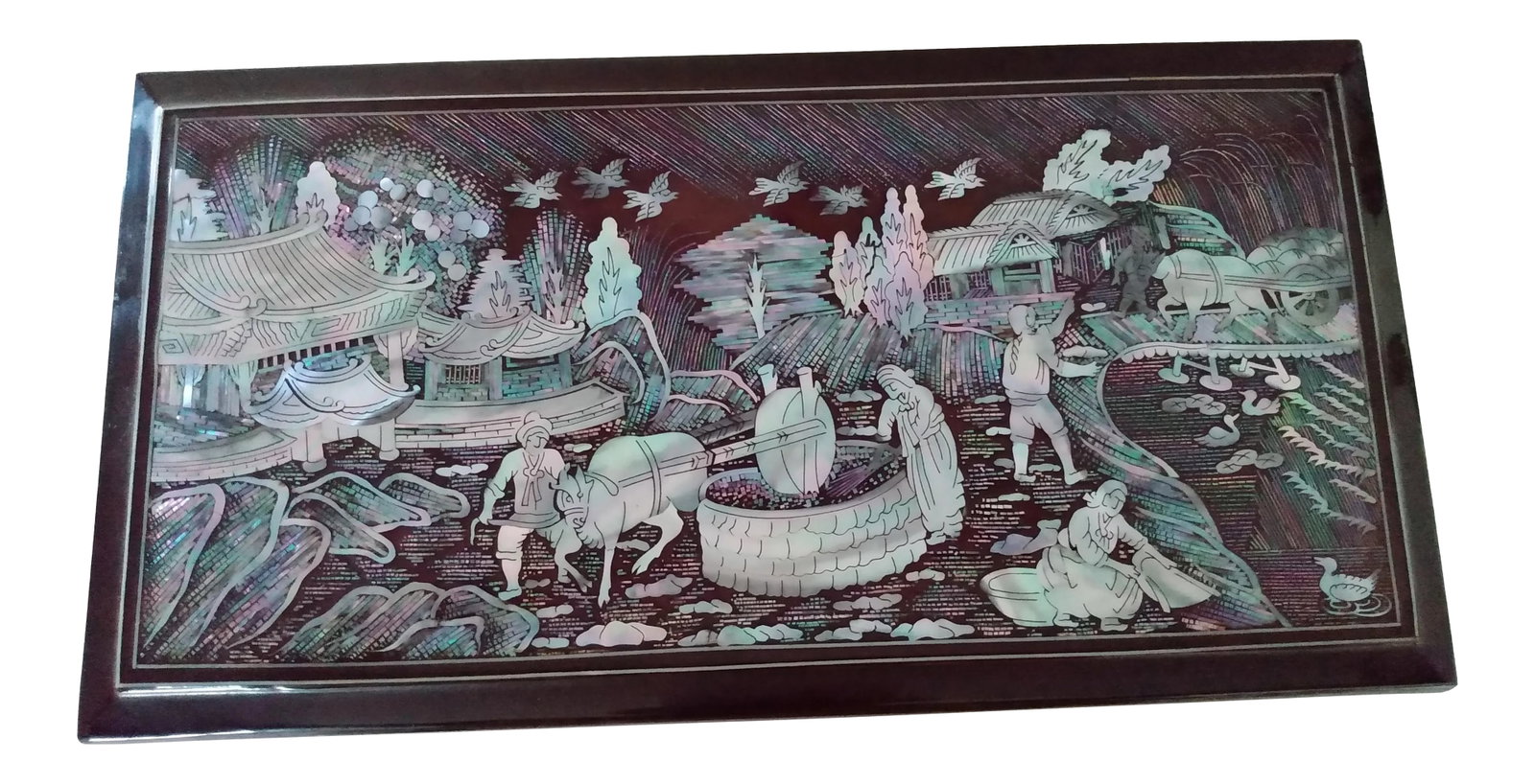 1970s "Mother of Pearl Cigarette Box With Brass Ashtray": Beautiful Mother of Pearl Inlay Cigarette Holder and Brass Zodiac Ashtray. Scene on top depicts people working the land, birds flying, ducks and lily pads in the pond, various trees, barns, oxen