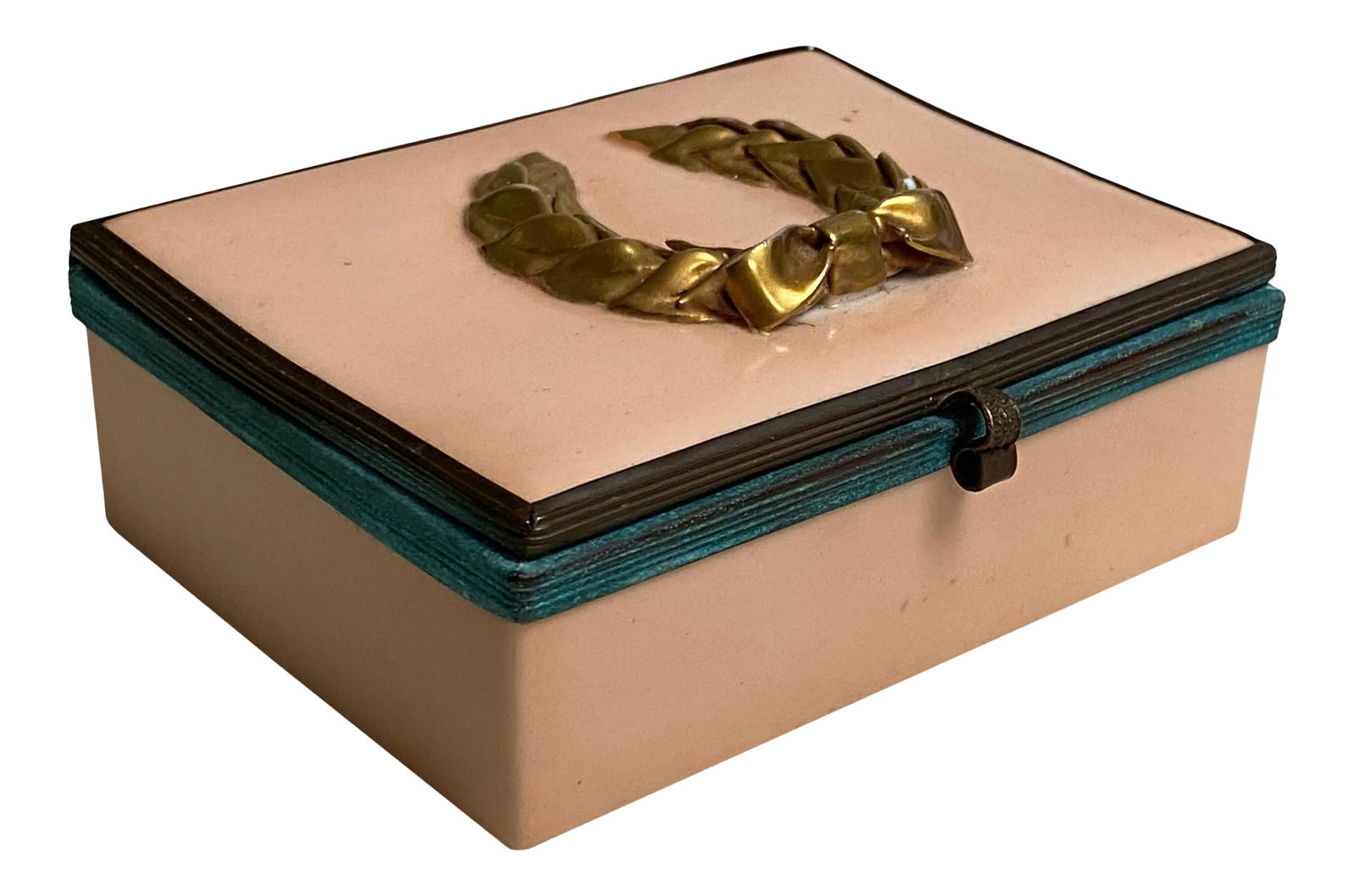 19th Century French Enameled Box: A salmon colored enameled box with patina bronze surround and latch and topped with a gold laurel wreath. Condition: Alterations: Original Condition Unaltered Imperfections: Some Imperfections Conditi