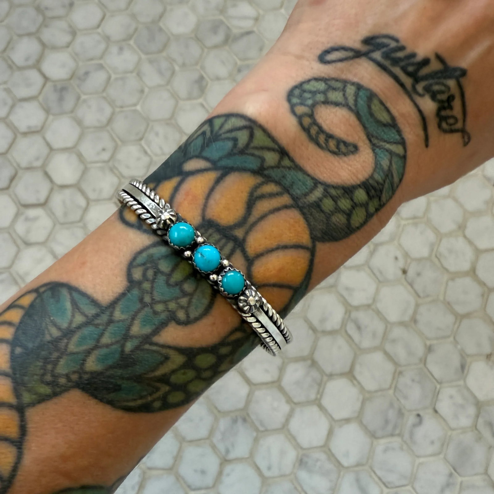 Navajo Sterling Silver Turquoise Bracelet Cuff by R. King - 2