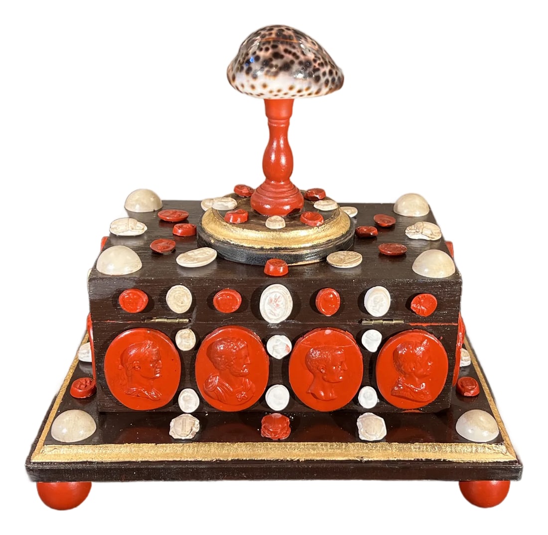 Baroque Style Curiosity Cabinet Multicolor Glazed Intaglio and Shell Decorated Jewelry Box: Multicolor richly decorated Venetian baroque style Jewels box for a person with a true Maximalist heart. Raised on the square pedestal with red lacquered ball feet and gilded edges is a rectangle