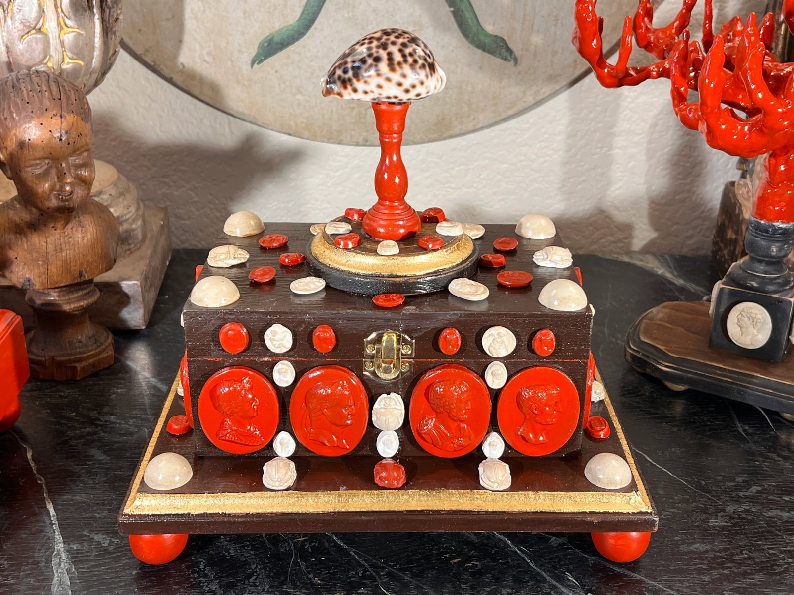 Baroque Style Curiosity Cabinet Multicolor Glazed Intaglio and Shell Decorated Jewelry Box - 4