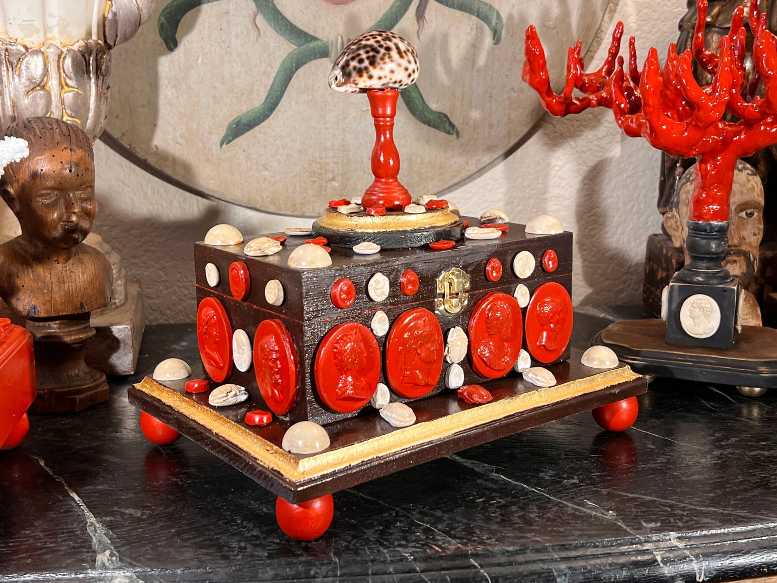 Baroque Style Curiosity Cabinet Multicolor Glazed Intaglio and Shell Decorated Jewelry Box - 8