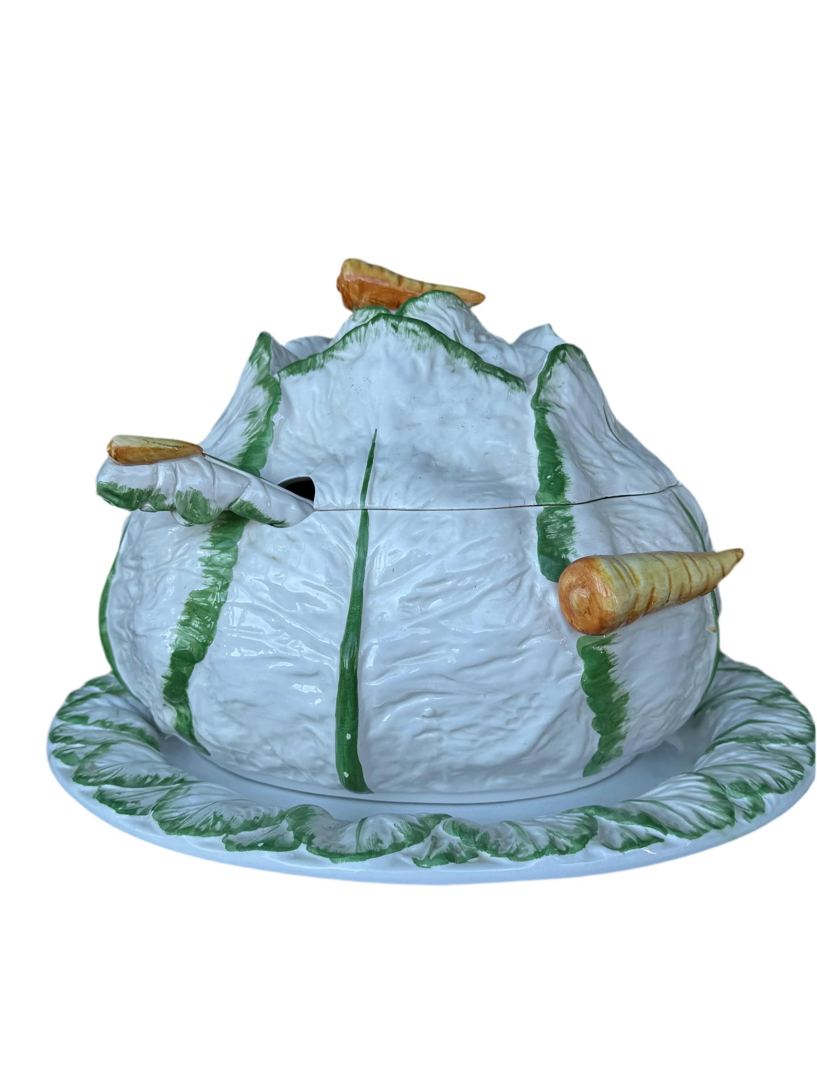 Vintage Italian Majolica Cabbage Tureen Set Carrot Handles Platter Ladle Rare - 3