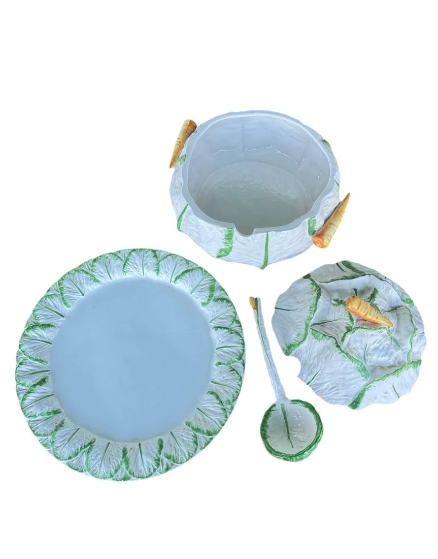 Vintage Italian Majolica Cabbage Tureen Set Carrot Handles Platter Ladle Rare - 4