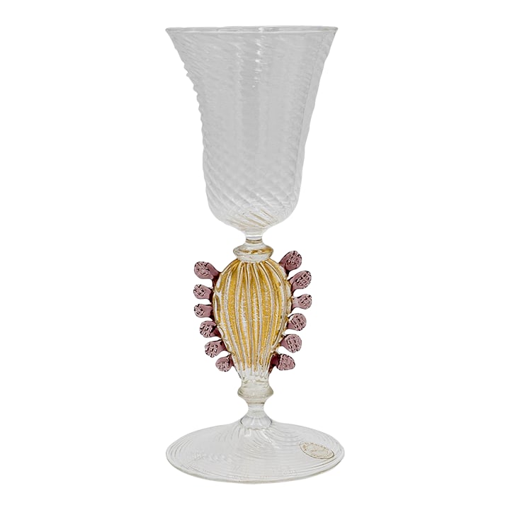 Murano Art Glass Hand Blown Wine Goblet: Murano Art Glass Hand Blown Wine Goblet Decorated w/ Filigree Glass and 24k Gold Leaf. Condition: Alterations: Original Condition Unaltered Imperfections: Some Imperfections Condition Notes: good vint