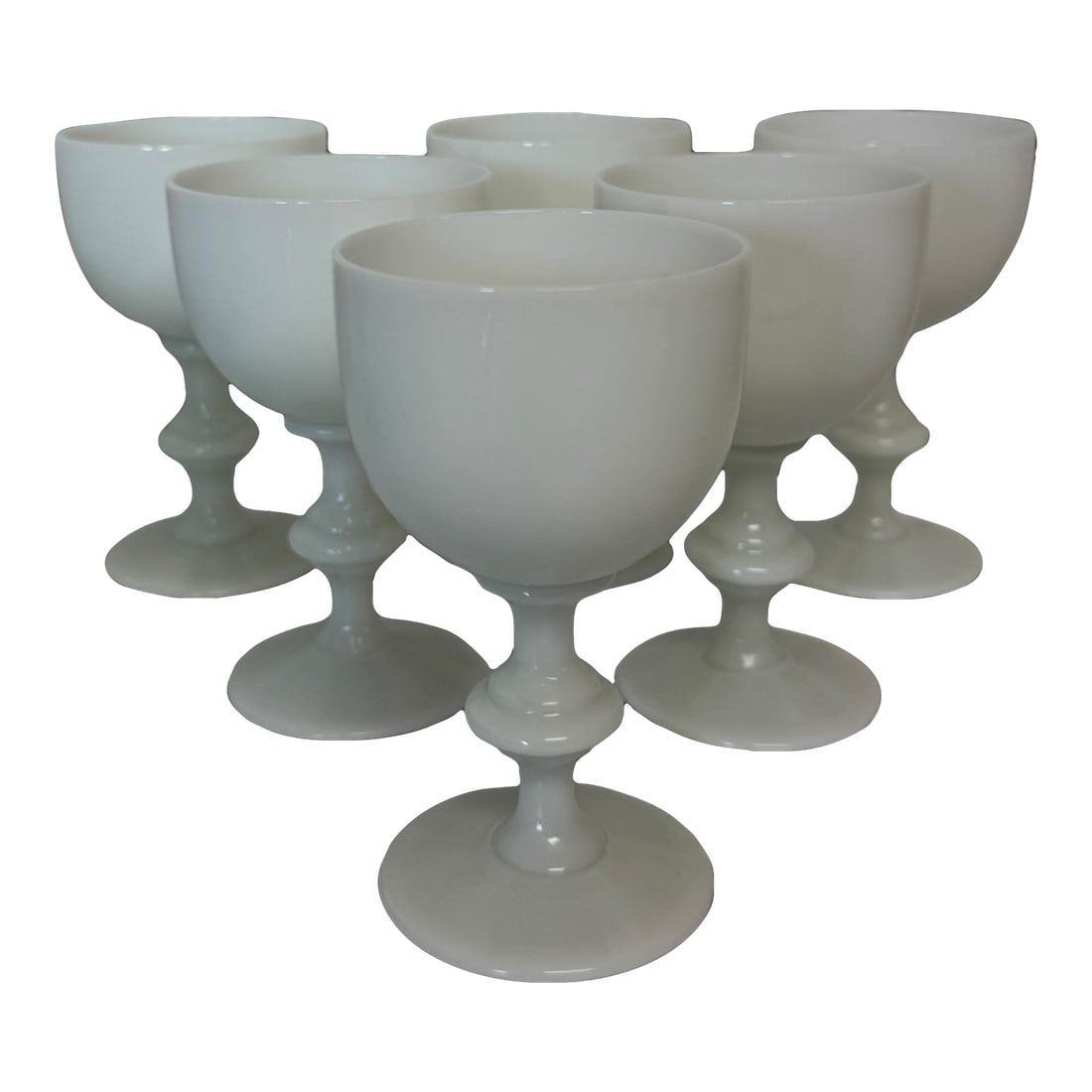 1930s French Portieux Vallerysthal White Opaline Wine Glasses- Set of 6: Beautiful set of French Portieux Vallerysthal White Opaline Wine Glasses. Each glass is in excellent condition. They stand 4 1/2" tall and hold approx. 4 ounces of liquid. Condition: Alterations: