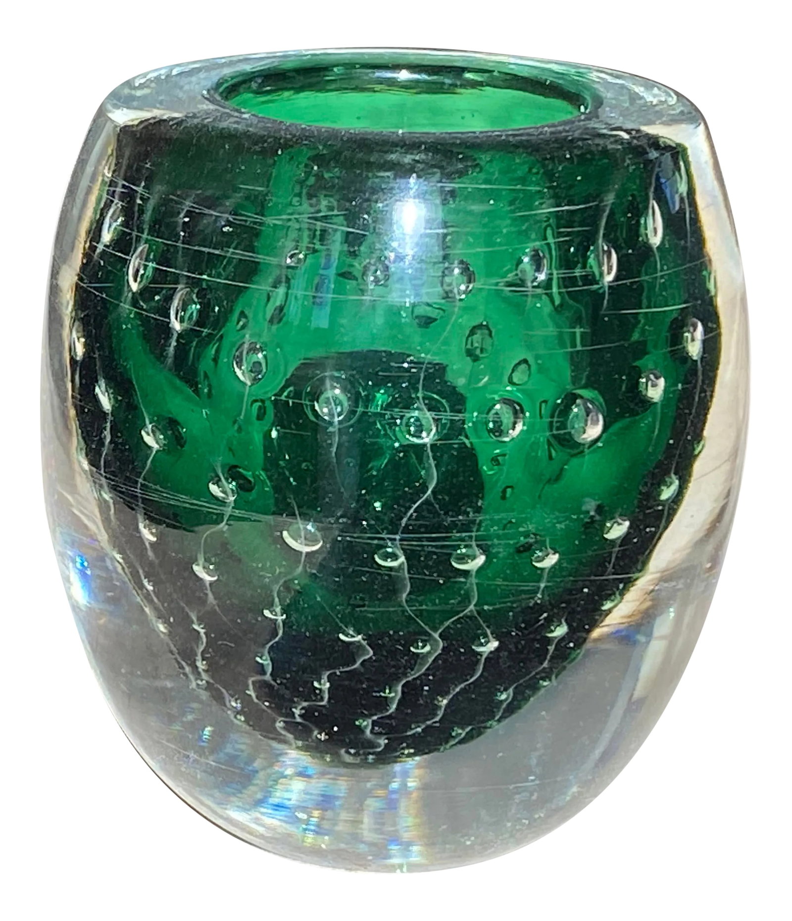 Mid-Century Green Murano Glass Toothpick Holder: A wonderful midcentury Murano glass toothpick holder in the most brilliant green with internal controlled bubble motif. Condition: Alterations: Original Condition Unaltered Imperfections: Some Imperfe