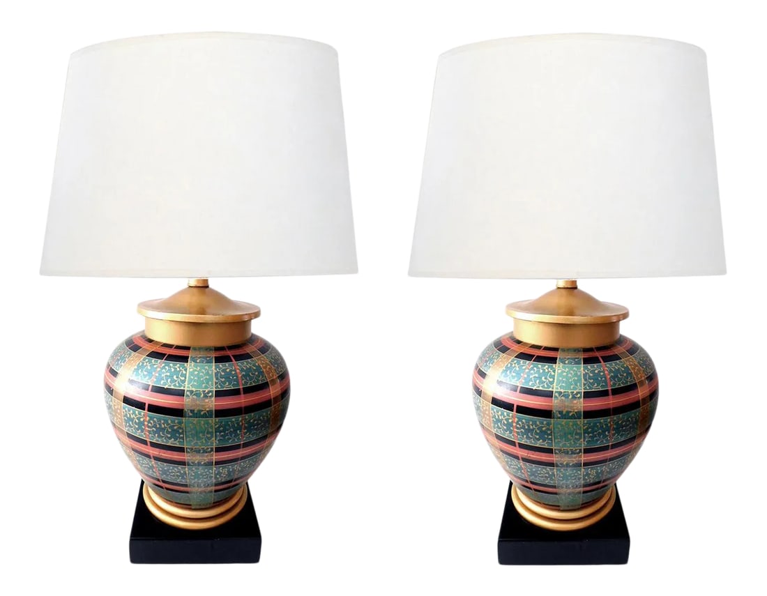 1980s Frederick Cooper Ovoid-Form Lamps With Plaid Decoration - a Pair (1 of 8)