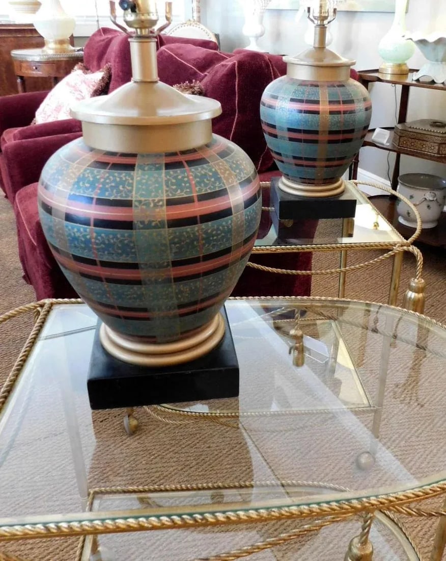 1980s Frederick Cooper Ovoid-Form Lamps With Plaid Decoration - a Pair - 4
