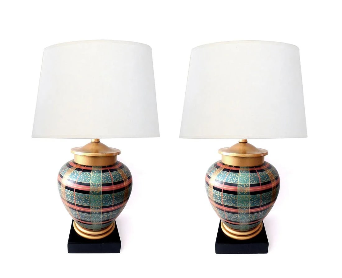 1980s Frederick Cooper Ovoid-Form Lamps With Plaid Decoration - a Pair - 8