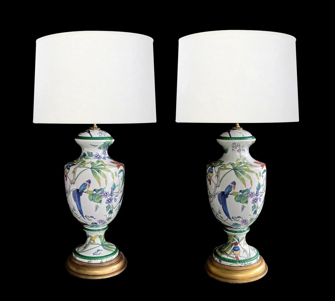 Pair of Italian Hand-Painted Porcelain Baluster-Form Lamps With Bird Motifs - 2