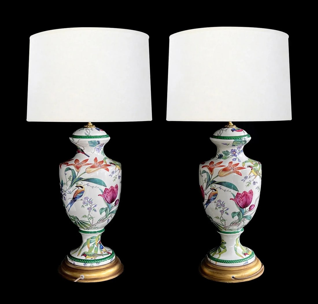 Pair of Italian Hand-Painted Porcelain Baluster-Form Lamps With Bird Motifs - 3