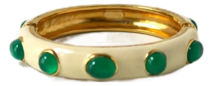 Italian Emerald-Esque Bangle Bracelet, Late-20th Century, Italy: A beautiful, well-made, Italian faux emerald cabochon stone bangle bracelet. Made in Italy. Bangle is a cream enamel hue, with faux emerald cabochon resin stones around, finished in a gold gilt