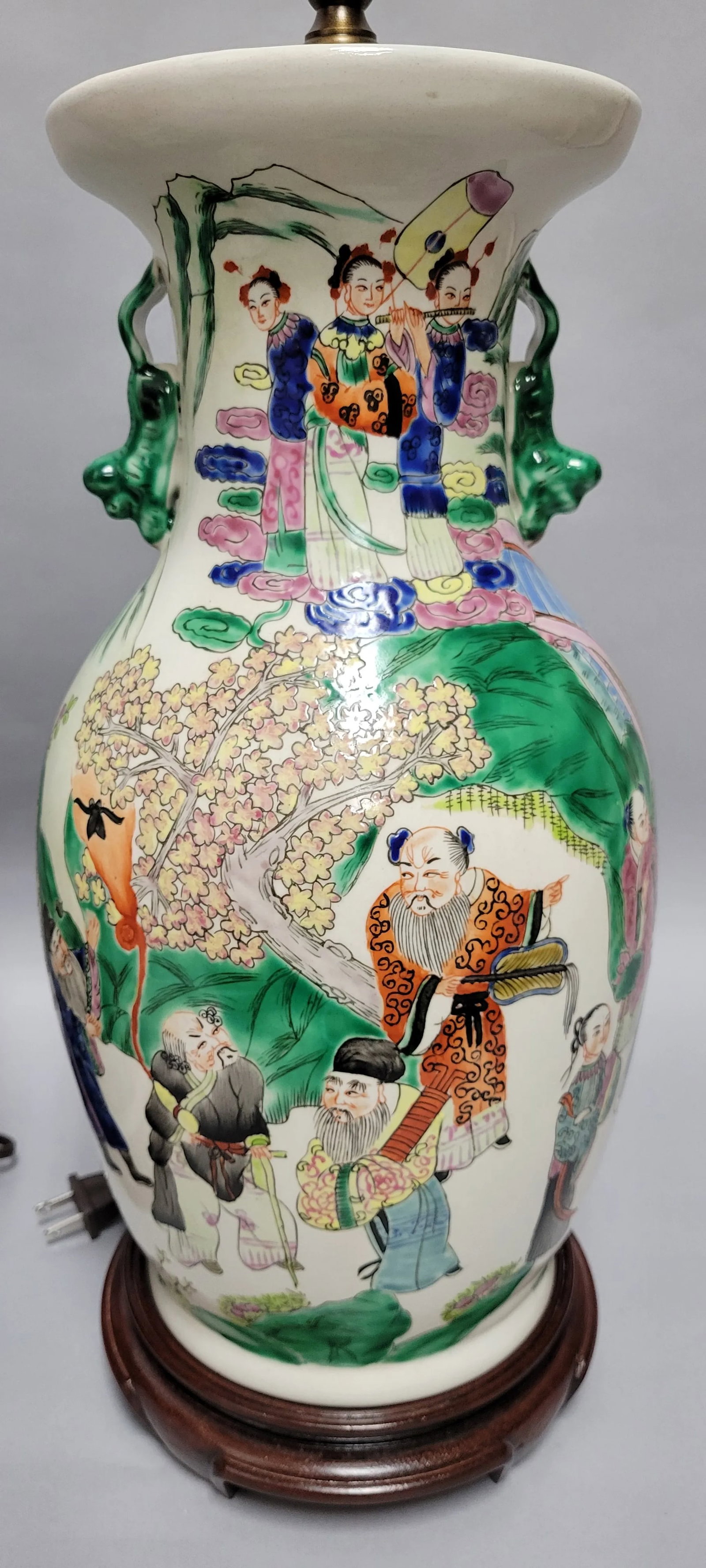 Vintage Chinese Famille Rose Vase Lamp - Hand-Painted Porcelain With Custom Wood Base - 11