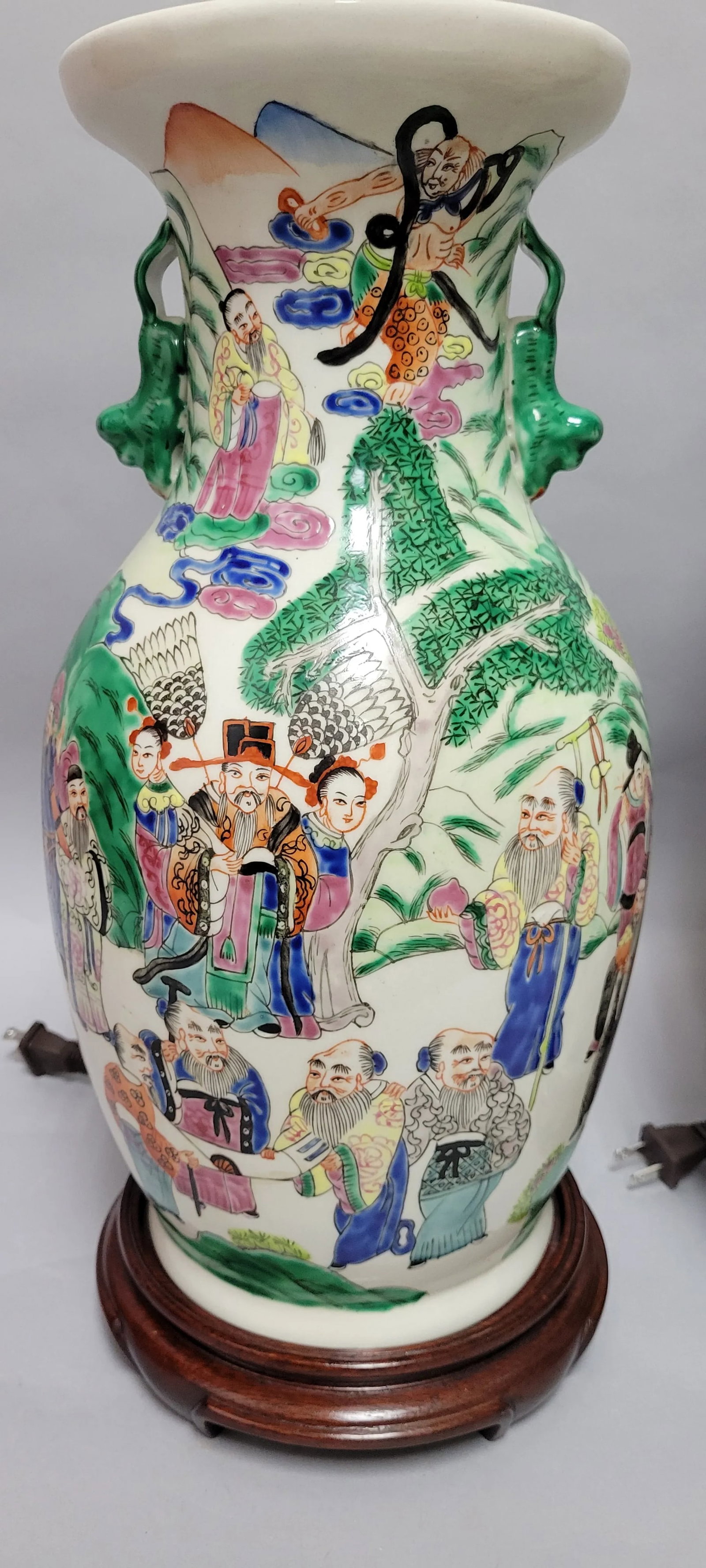 Vintage Chinese Famille Rose Vase Lamp - Hand-Painted Porcelain With Custom Wood Base - 12