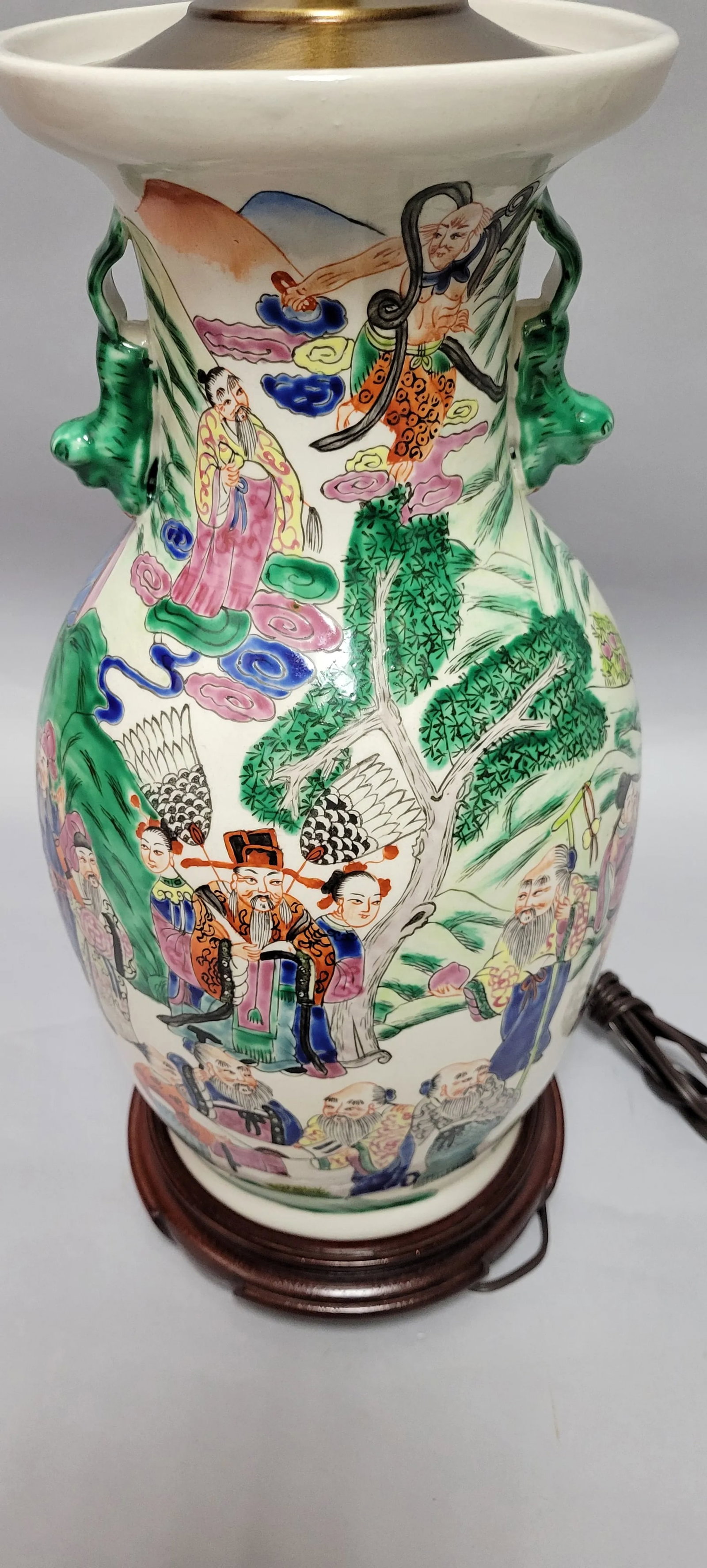 Vintage Chinese Famille Rose Vase Lamp - Hand-Painted Porcelain With Custom Wood Base - 7