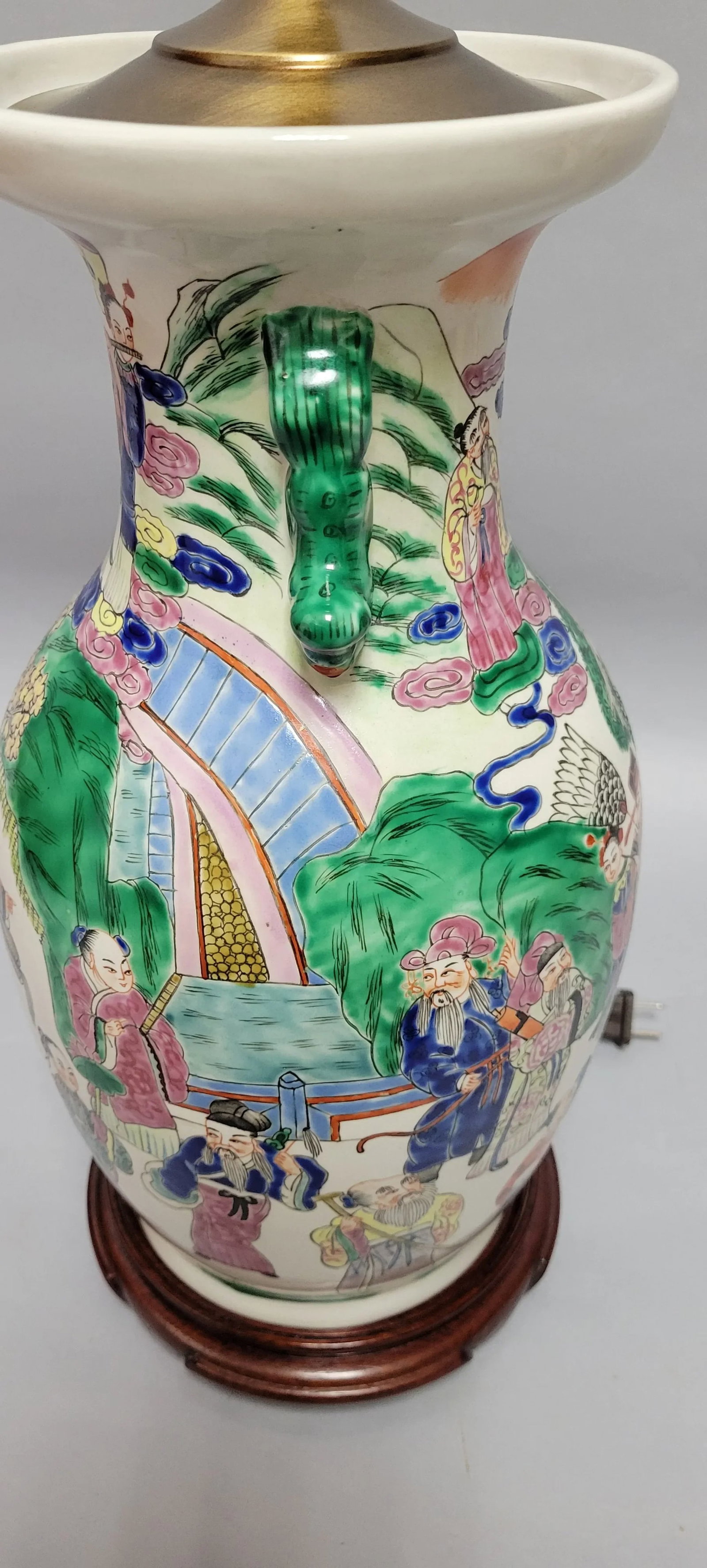 Vintage Chinese Famille Rose Vase Lamp - Hand-Painted Porcelain With Custom Wood Base - 9