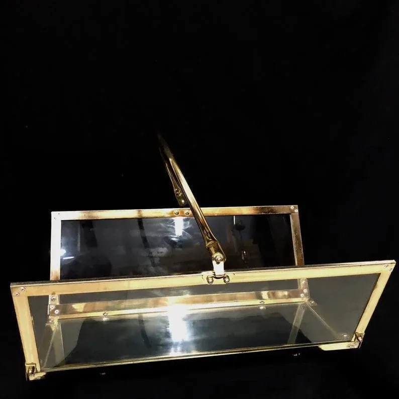 Vintage Brass & Glass Magazine Rack Holder - 10