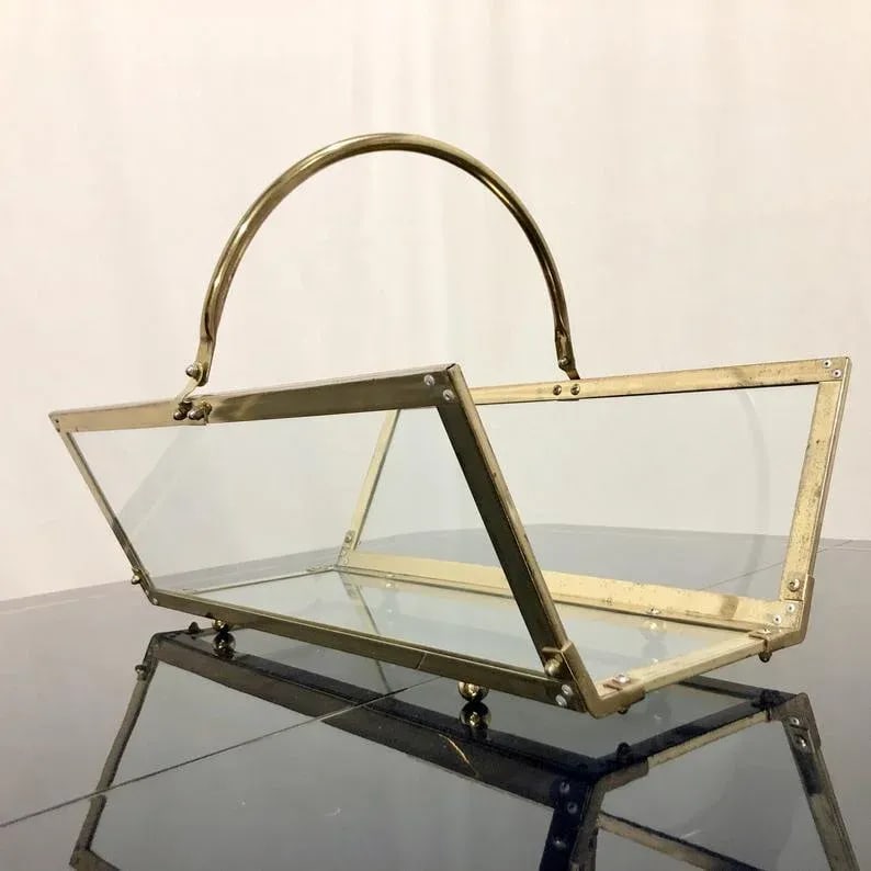 Vintage Brass & Glass Magazine Rack Holder - 11