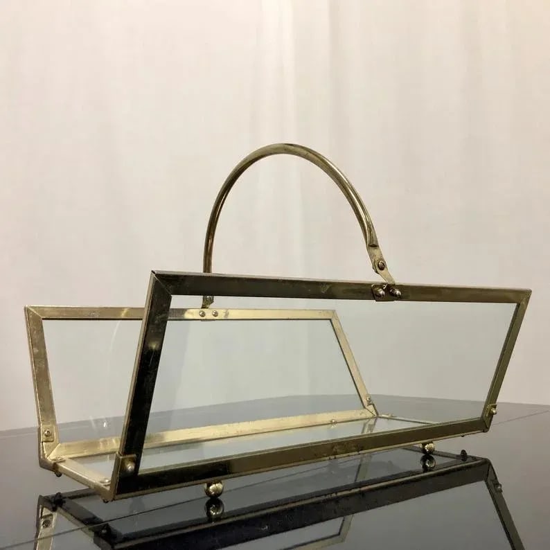 Vintage Brass & Glass Magazine Rack Holder - 2