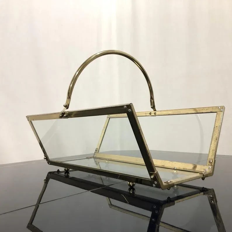 Vintage Brass & Glass Magazine Rack Holder - 4