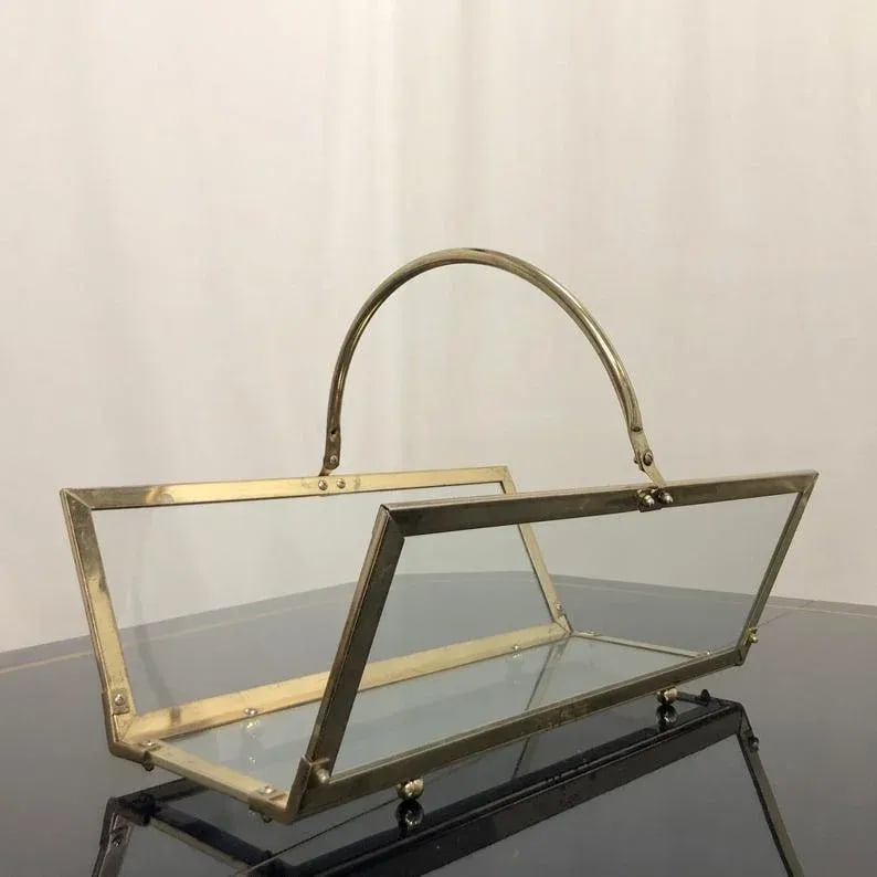 Vintage Brass & Glass Magazine Rack Holder - 5