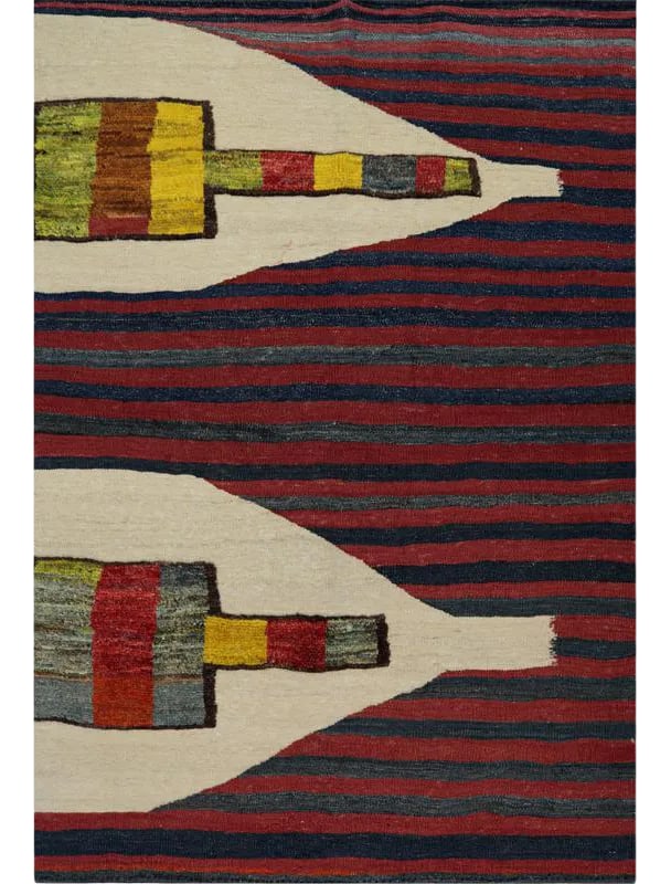 Handwoven Scandinavian Style Persian Kilim Area Rug 3'10"*5'6": This bewitchingly beautiful example of a Kilim tribal area rug features a contemporary pop of electrifying bright colors in a playful mixed-weave design. The creative modern twist in this rug brings