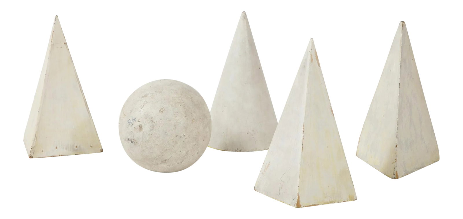 White Painted Wooden Geometric Molds - Set of 5: Mid to Early 1900's set of 5 wooden geometric molds. Great modular accessories. 12"h x 6"w. Sphere is 7"diameter. Condition: Alterations: Original Condition Unaltered Imperfections: Some